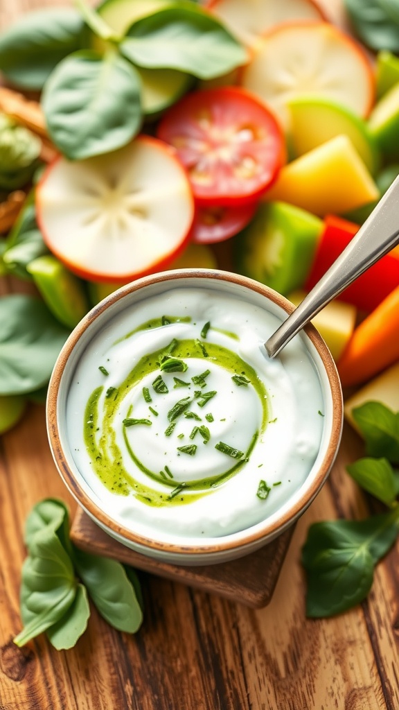 A bowl of spinach yogurt sauce garnished with herbs, surrounded by fresh spinach and vegetables.